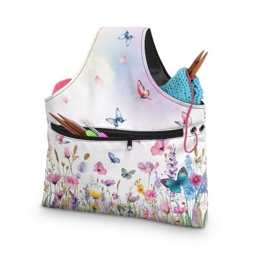 Image of ZUXONGSY Wildflower Yarn Storage Bag for Women Butterfly Knitting Project Bag Vintage Knit Wrist Bag Lightweight Crochet Organizers and Storage