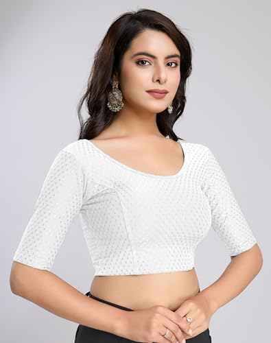 Image of TRENDMALLS Women's Dobby Pure Cotton Elastin Stretchable Readymade Round Neck Elbow Length Sleeves Blouse Choli Stylish Saree Blouse Ready to Wear
