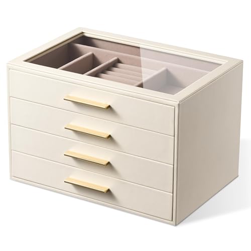 pickpiff Jewelry Box Organizer Case for Women: 4-Layer Jewelry Storage Case with Glass Window, Ivory...