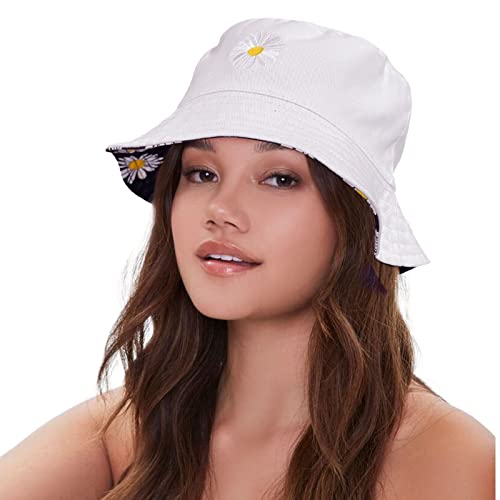 Accsa Womens Bucket Hat Summer Wide Brim White Yellow Flower Reversible Bucket Hat thumb #1