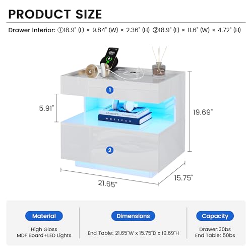 Image of HNEBC High‑Gloss LED Nightstand Set of 2 for Bedroom | Motion‑Sensor 3‑Color Lighting, Hidden Storage Compartment, Gun Drawers, USB, Type‑C & Wireless Charging Station-White Night Stand Set 2