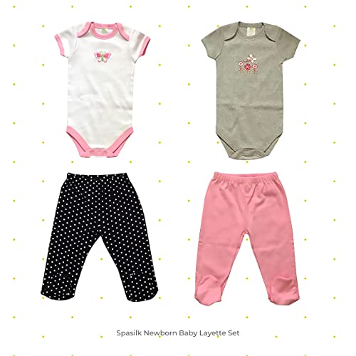 Image of Spasilk Newborn Baby Layette Set, Short Sleeve Bodysuits and Pull-On Footed Pants, 4 Piece