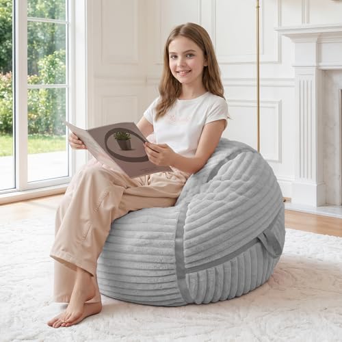 Image of 2FT Bean Bag Chair 2'Bean Bag Chairs with Memory Foam Filled Small Bean Bag | Bean bags with Machine Washable Cover Corded Plush Fabric, Comfy Chairs for Living Room, Bedroom, Dorm, Lightgrey