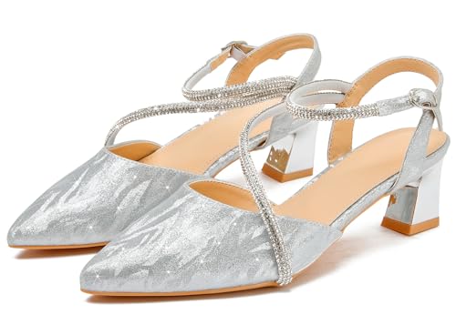 DADAWEN Women's Slingback Low Chunky Heels Closed Pointed Toe Rhinestone Ankle Strap Wedding Party Dress Pump Shoes4