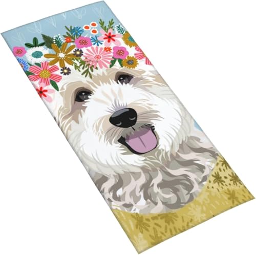 フェイスタオル ゴールデンドゥードルと花冠 マイクロファイバー タオル 柔らか 肌に優しい 肌触りが良い ふわふわ 髪に優しい 通気 かわいい 抗菌防臭加工 瞬間吸水 速乾 耐久性 薄手 毛羽落ち少ない 業務用タオル