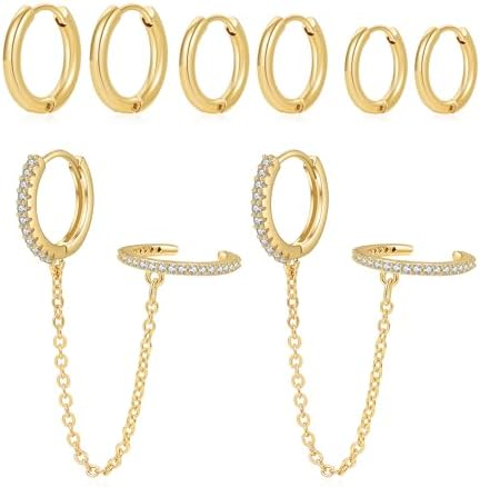 Gold Earrings for Women, 16K Gold Plated Cubic Zirconia Crystal Cartilage Stud Hoop Earrings Set, Dainty Huggie Earrings Stacks, Hypoallergenic Jewelry Gifts