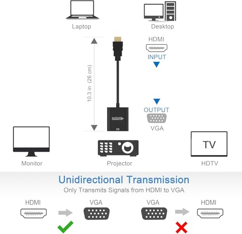 Image of HDMI to VGA Adapter (1080P Full HD, Gold-Plated) with Audio Cable - HDMI Male to VGA Female Converter for Laptop, PC, Projector, Monitor, HDTV (Black)