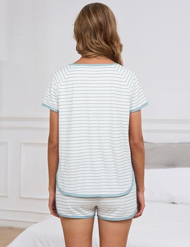 Image of Cotton Pajama Sets for Women 2 Piece Lounge Set Stripe Pj Set Loungewear Short Sleeve Top and Shorts with Pockets