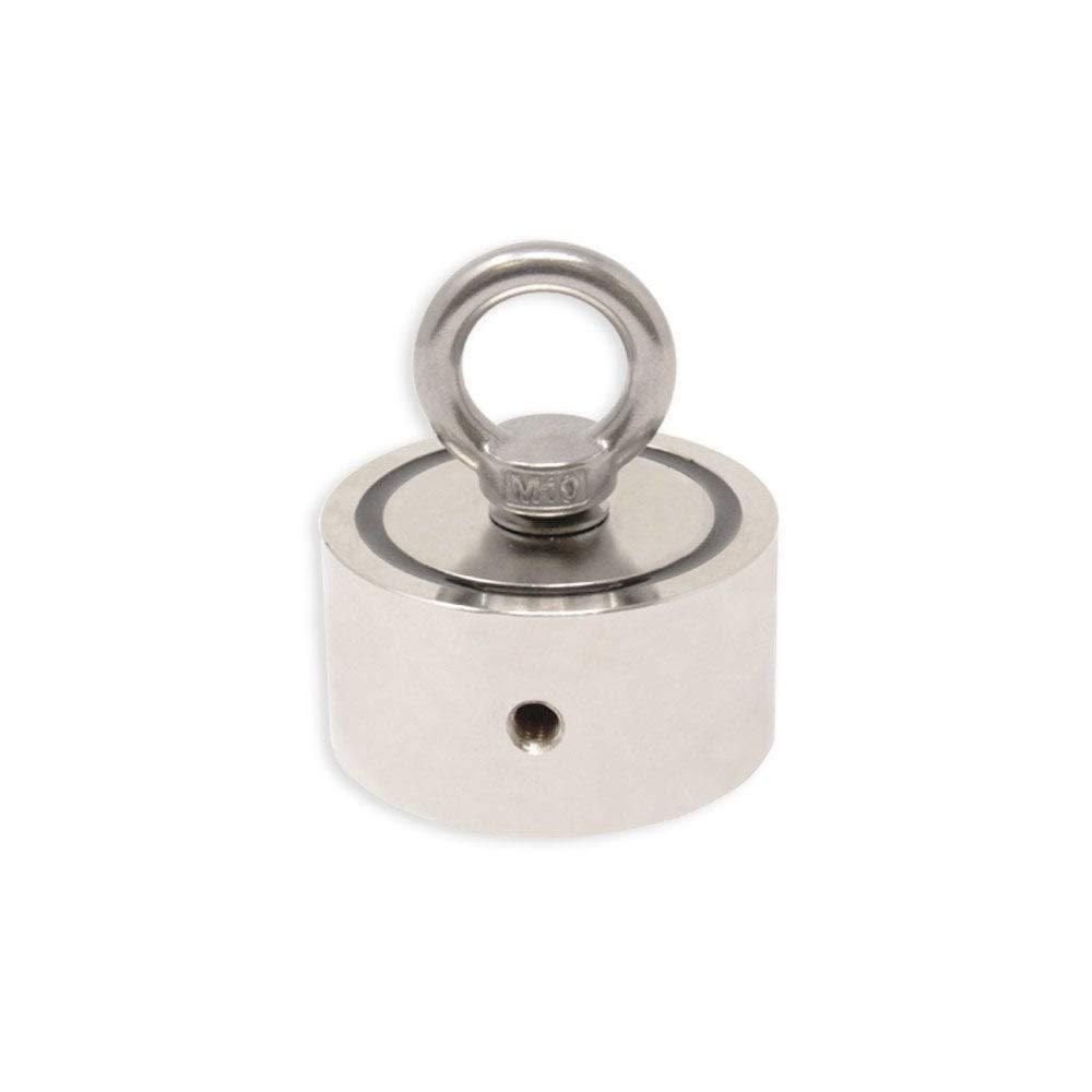Magnet de Bote de Neodimio N42 Con 1X M10 Y 1X M8 Eyebolt Y 10M Cordida Para Pesca Por Imán, Recuperación Y Caza de Tesoros - 75mm de Diámetro x 25mm - 200kg