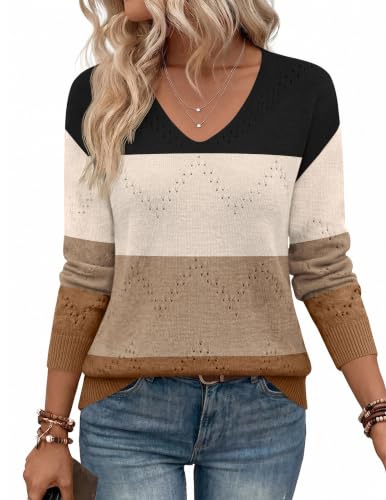 Image of Zeagoo Womens Sweaters Fall Trendy Casual Long Sleeve Shirt Lightweight V Neck Off Shoulder Crochet Pullover Top Outfit