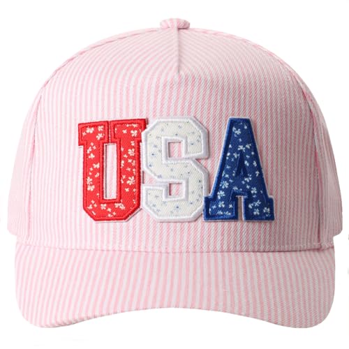 MIRMARU Patriotic America USA Embroidered 5 Panel Cotton Two Tone Trucker Hat for Men and Women. (US Alpha One Size Stripe-USA Tri-Color Floral Patch Pink)