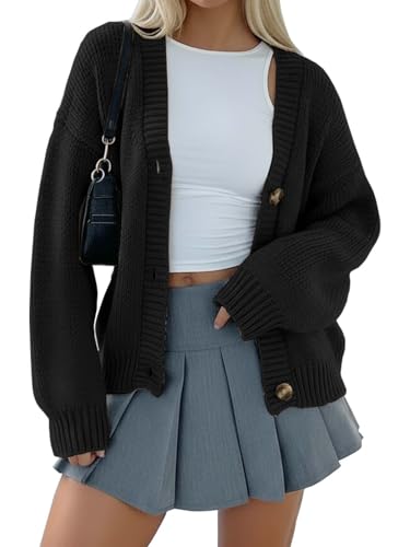 Arolina Suéteres tipo cárdigan para mujer, de punto grueso, de manga larga, con botones, para otoño de 2025, a la moda, de gran tamaño, abrigos, Negro -, XXL