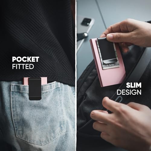 Image of VULKIT Minimalist Wallet with Money Clip RFID Protection Pop Up Card Holder Slim Wallet Credit Card Holder Metal Wallet, Rose Gold