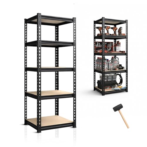 Image of Robustt 5-Tier Multipurpose Storage Rack | Bolt-Free Assembly | Metal Stand With Thick MDF Board | 175kg Capacity Per Shelf | 63 x 16 x 16 IN Adjustable Shelf Rack for Home, Garage & Shop | Black