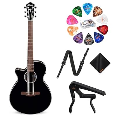 Ibanez AEG50L Left-Handed Acoustic-Electric Guitar - Black High Gloss Guitar with GSF50 Powerpad Strap, String Capo, 15 Pack Guitar Picks with Storage Box, and Microfiber Cleaning Cloth - Bundle Kit