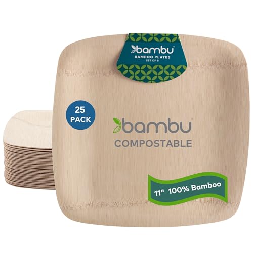 Bambu Pack of 25 - 11 Inch Disposable Bamboo Plates Square, Biode...