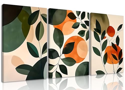 Juego de 3 lienzos decorativos bohemios enmarcados para pared, diseño de hojas, naranja, verde, beige, neutro, abstracto, geométrico, decoración de pared para sala de estar, dormitorio, baño y oficina