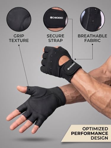Image of CHKOKKO Gym Gloves for Men and Women Neoprene Adjustable Wrist Support | Fingerless Anti Slip Grip Texture for Weighlifting, Exercise, Pull ups or Cycling