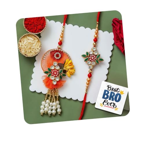 Image of eCraftIndia Multicolor Kundan Beads Designer Rakhis for Brother and Bhabhi | Bhaiya Bhabhi Rakhi Set of 2 | Lumba Rakhi for Bhabhi | Best Bro Ever Fridge Magnet | Roli Chawal Pack