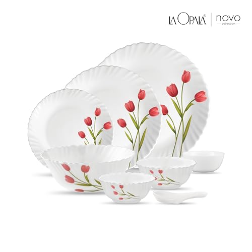 Image of La Opala Novo Collection Opal Glass Crockery | for Family of 6 | Dinner Set 35 pcs Radiant Curves | Plates & Bowls for Dining | Microwave Safe | 100% Vegetarian | Extra Strong | Light & White