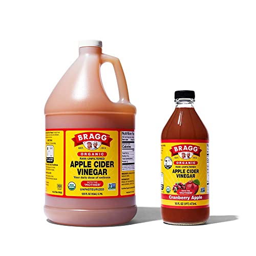 Bragg Organic Apple Cider Vinegar With the Mother 128 ounce and Bragg Organic Cranberry Apple Enhanced Vinegar Drink 16 ounce Bundle