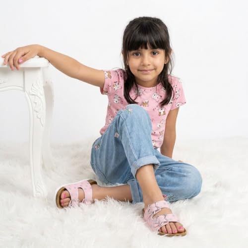 Image of CUSHIONAIRE Lily Girl Toddler Sandals with Adjustable Gold Tone Star Buckles and Cushioned Cork Footbed Slip On Girls Slides for Kids