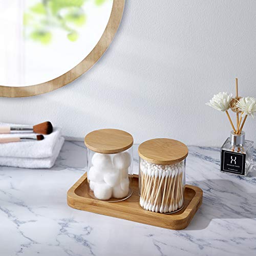Yinine Bamboo Vanity Tray, Bathroom Tray Organizer Glass Qtip Holder Dispenser Apothecary Jars For Cotton Swabs Balls Round Pad Perfume Candles Cosmetics Jewelry Makeup #TOP3