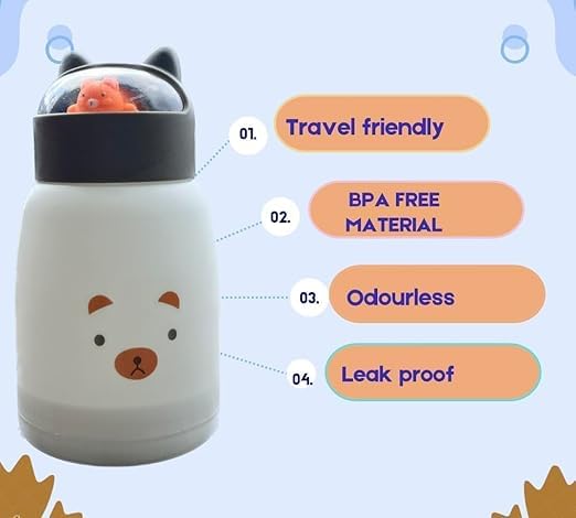 Image of Cute Cat Kids Glass Bottle 360ml - Heatproof Thermal Cup with Cover, Portable Travel Mug, Leakproof Glass Water Bottle for Children (Pack of 1)