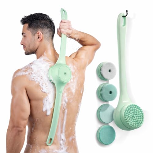 ME JO Electric Body Brush Back Scrubber for Shower | Waterproof Long Handle Silicone with 5 Interchangeable Heads Dual-Speed Rechargeable Design for Cleansing Exfoliating & Massaging (Green)