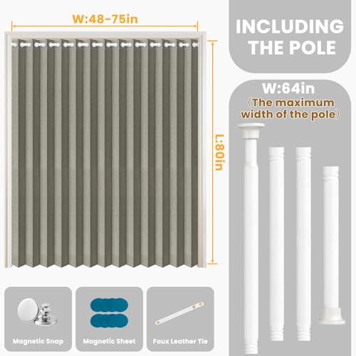 Image of AJAZZ Blackout Accordion Door Curtain with Curtain Rods Adjustable 28-63 inch Long, Invisible Accordion Doors Interior for Bedroom Living Room Doorway Curtain Set, 1 Pack, W72 x L80 in, Grey