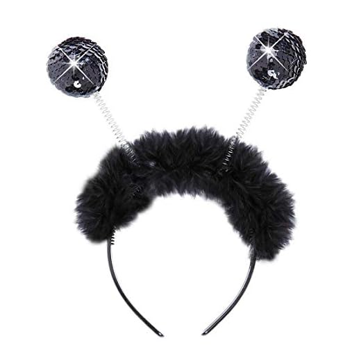 Amakando Extravagante Diadema Mariquita con Antenas / Negro / Adorno para el Cabello Insecto con Bolas de Disco y Peluche para niños / Incomparable para Festivales Infantiles y Fiestas de Disfraces