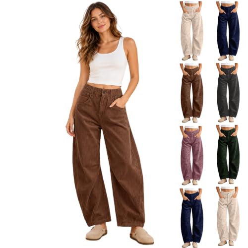 Brown Corduroy Pants Women,Pull On Trousers With Pockets(Brown,Medium) - image 1