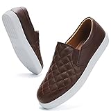 Picture of VOCNTVY Loafers for Women Quilted Leather Slip On Sneakers Arch Support Memory Foam Non Slip Comfort Casual Fashion Flat Shoes Ladies Brown US 8