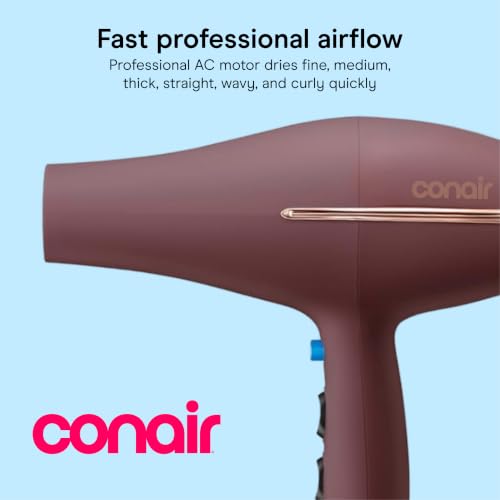 Image of Conair Professional AC Motor Hair Dryer | Fast Drying Professional Airflow for All Hair Types, Includes Concentrator and Diffuser, Plum, 650AML