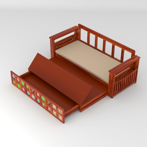 Image of Solid Sheesham Wood Sofa Cums Bed with Mattress & Storage | Rosewood Convertible Sofa Bed for Living Room & Bedroom (F-Honey, 3 Seater)