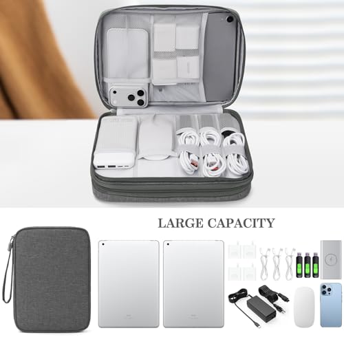 Image of FYY Electronic Organizer, Extra Large Travel Cable Organizer Bag Pouch Portable Waterproof Double Layers All-in-One Storage Bag for iPad, Cable, Power Bank, Laptop Charger for Office /Home, Dark Grey