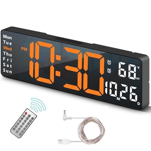 Image of Digital Wall Clock, Digital Clock Large Display, Dual Alarms, Automatic Brightness Dimmer- Easy Track The Time, Date, Day of Week and Temperature, with Remote Control (16 inch Rectangle Orenge & White)