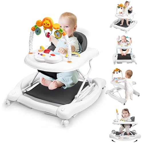 Boyro Baby 5-in-1 Baby Walker, Baby Walkers for Boys Girls 6-18 Months, Foldable Activity Walker, Toddler Infant Walker with Bouncer, Adjustable Height, Removable Footrest, Feeding Tray, Music