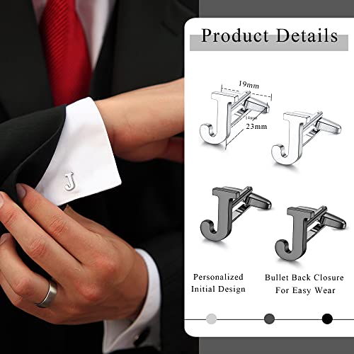 Ubgicig 2 Pairs Cufflinks For Men Personalized Initial Cufflinks Silver Tone Black Alphabet Cuff (J) #TOP1