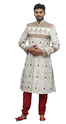 Mens White Sherwani Maroon Touch with Maroon Churidar Pajama Mens White Sherwani Maroon Touch with Maroon Churidar Pajama