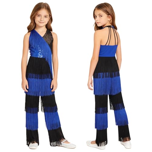 renvena Disfraz de baile retro para niñas y niños, con borlas fresadas con lentejuelas, disfraz de discoteca, estilo hip hop, azul real, 146-152