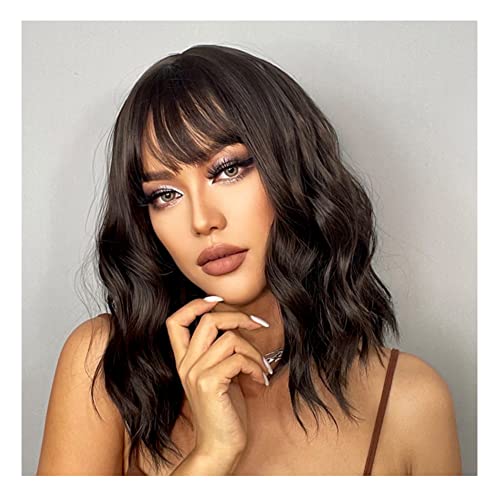 Dark Brown Curly Bob Wigs Short Wavy Bob Wig with Bangs Women's Shoulder Length Wigs Natural Looking Synthetic Cosplay Colorful Wigs for Girls (14 inch, dark brown)