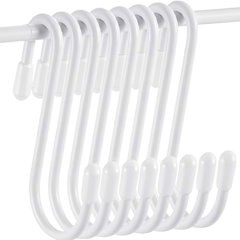 10 Pcs Heavy Duty S Hooks, 2.4 Inch Metal S-Shaped Hangers with Non-Slip Coating - Multi-Purpose Hanging Hooks for Kitchen, Closet, Bathroom, Christmas Decor (White)