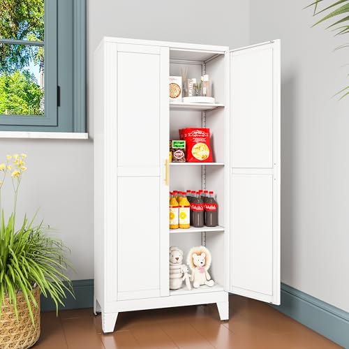 Image of winiowa Metal Pantry Cabinet with 2 Doors and Adjustable Shelves, Kitchen Storage cabinets with Gold Handles, Versatile Storage for Laundry /Living Room,Bathroom,Dinning Room-White