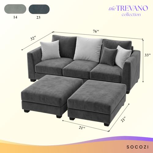 Image of SOCOZI Evanto 5 Seater L Shape Sofa Set with 2 Movable Ottomans | Flexible Layout| Soft Velvet Suede Fabric|Modern Sofa | Plush Comfort Cushions for Living Room (Dark Gray-Light Gray)