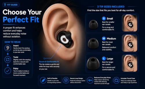 Image of Noise Cancelling Ear Plugs | Soft Silicone Earplugs for Sleeping, Studying, Travel, and Flight | Reusable Noise Reduction Earbuds with 6 Comfort Tips (S /M /L) - Black