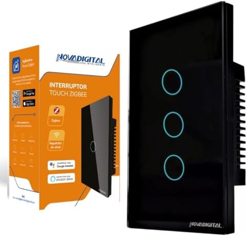 Interruptor Zigbee 3 Botões Led Touch Tuya Google Alexa Preto