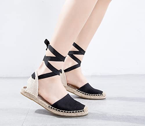 Image of Women's Espadrille FLat Sandals Closed Toe Ankle Wrap,Classic Lace Up Summer Dressy Flat Shoes
