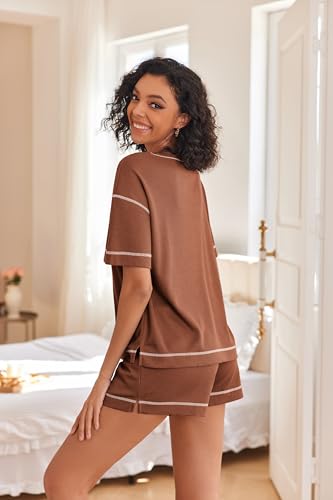 Image of Ekouaer Women's Waffle Knit Two Piece Lounge Set, Soft Matching Outfits for Daily Wear, Casual Shorts Set with Pocket