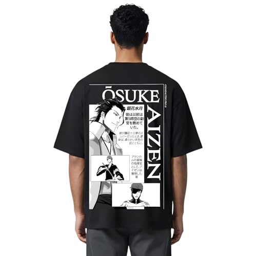 Image of Yume Men's Oversized Aizen Sosuke Anime Printed T-Shirt | 240 GSM Cotton Crew Neck Tee | Lavender & Black Beige Dual-Tone | Bleach Villain Merch | Long Length Drop Shoulder Streetwear (Black)
